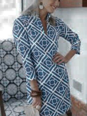 Devon Baer Blue & White Bamboo Trellis Print Tunic Shift Dress Small